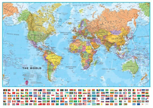 Large World Political wall map - with flags - 100*136